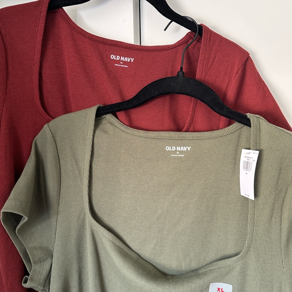 Old Navy Women's Square Neck Ribbed Baby Tee Pair - Olive and Burgundy - Picture 2 of 2